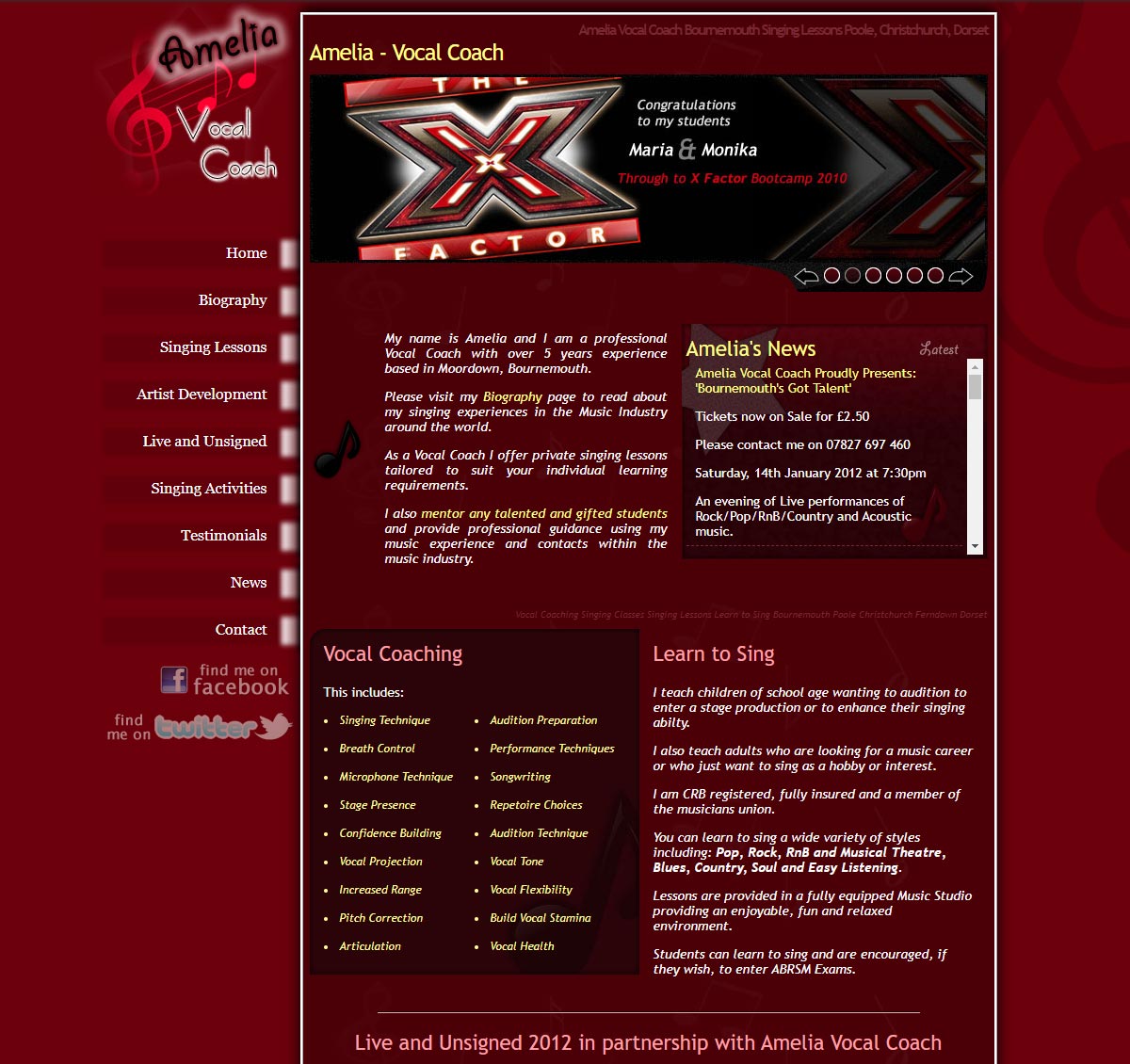 Amelia Vocal Coach Website Design Example by Lucent Dynamics in Bournemouth