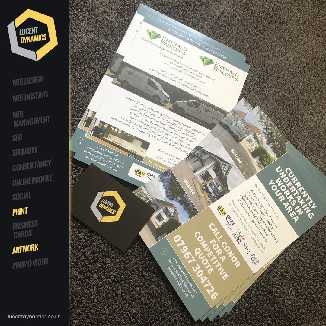 Flyers Designed and Printed for Emerald Painters by Lucent Dynamics Bournemouth