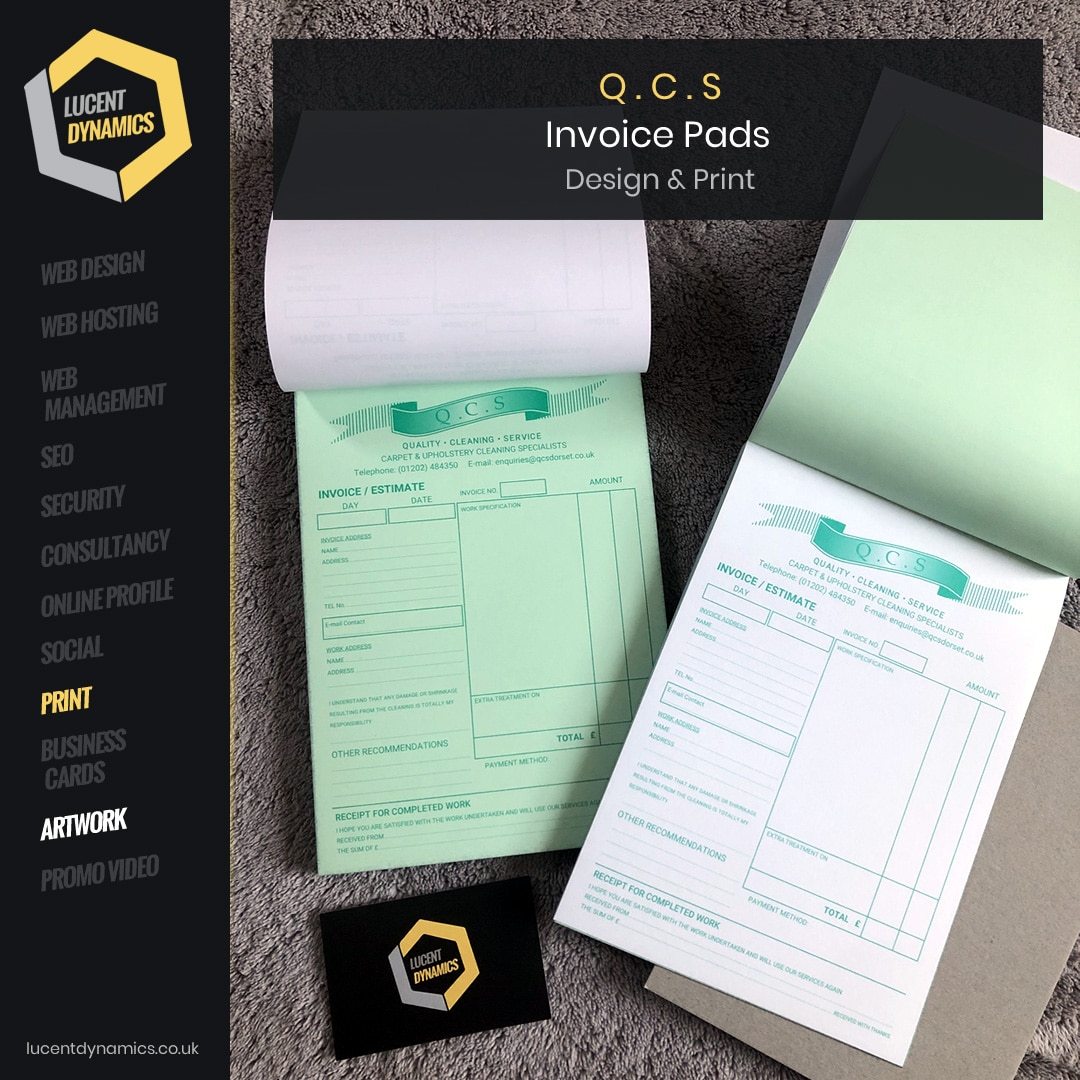 Invoice Pads (NCR's) Designed and Printed for QCS by Lucent Dynamics Bournemouth