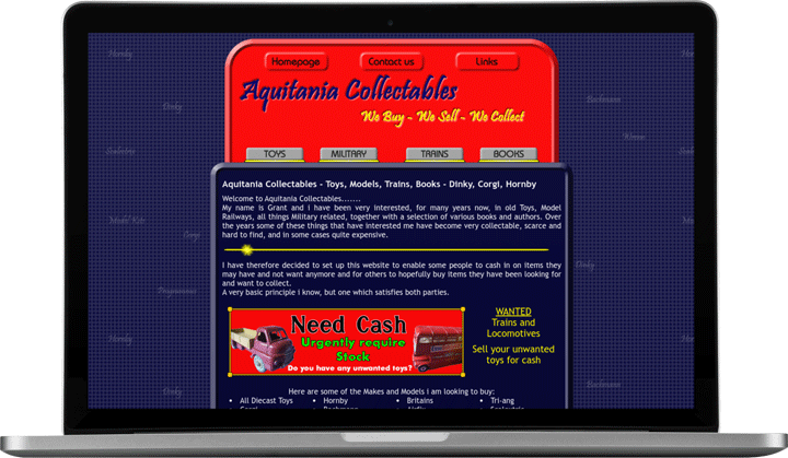 Aquitania Collectables Website - Old Design on Laptop Screen - Lucent Dynamics