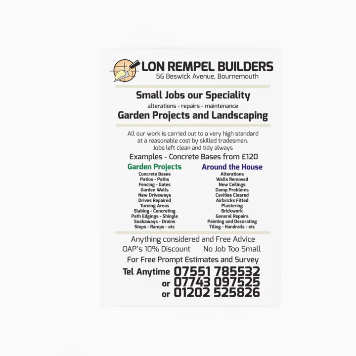 Lon Rempel Builders Flyer designed and printed by Lucent Dynamics Bournemouth