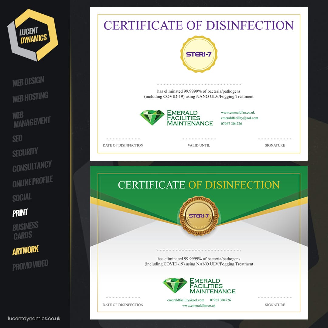 Emerald Facilities Maintenance Certificate of Disinfection Artwork and Design by Lucent Dynamics Bournemouth