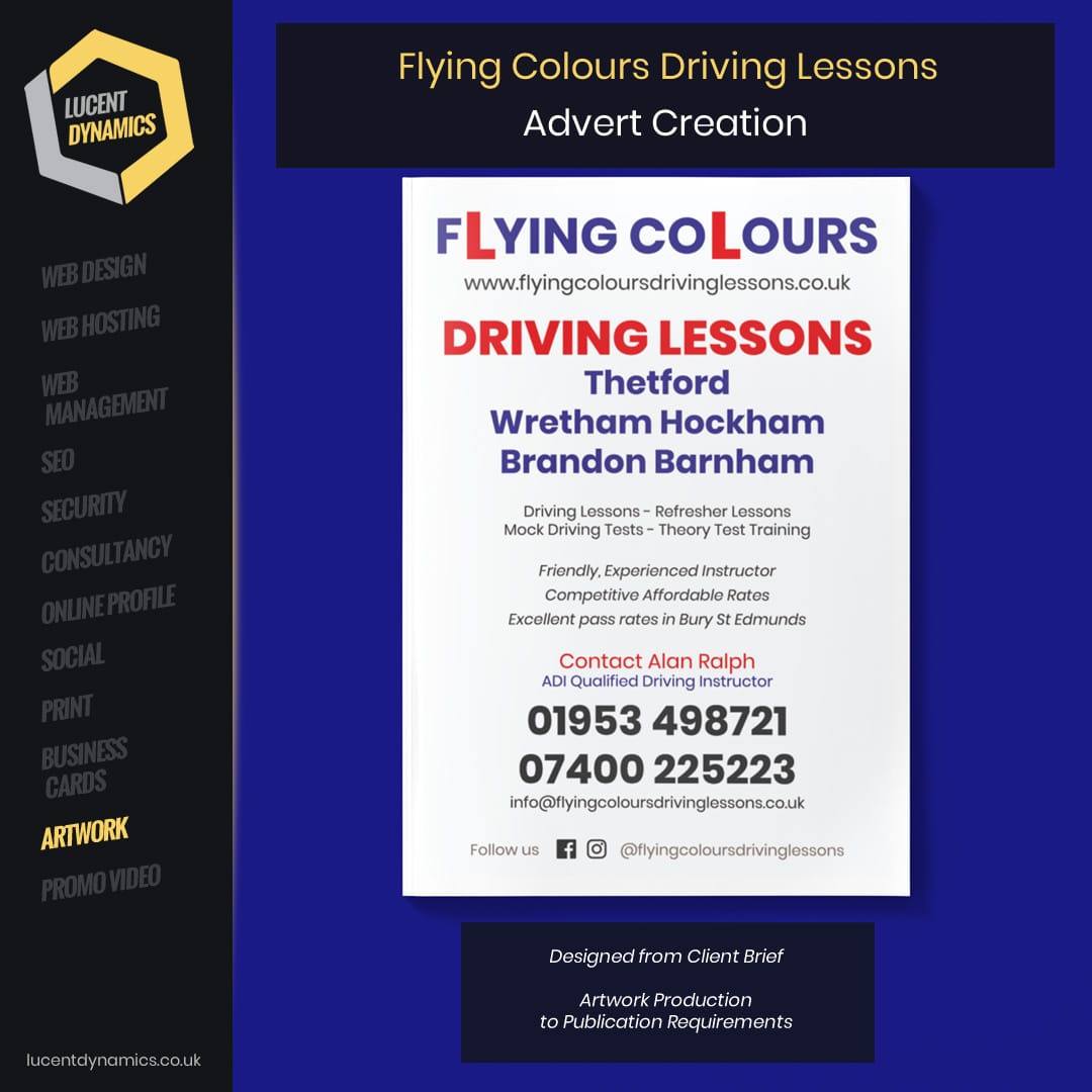 Flying Colours Driving Lessons Advert Artwork and Design by Lucent Dynamics Bournemouth